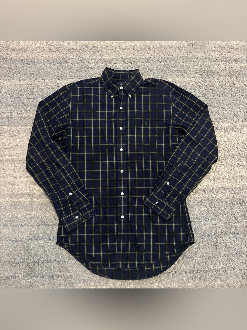 Ralph Lauren Classic Fit Navy Yellow Plaid Button Down Shirt Mens Small EUC